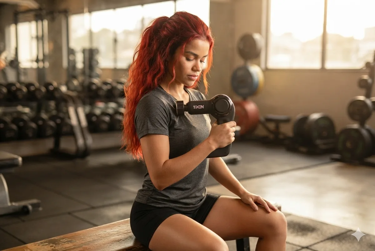 Atleta usando o massageador TIXEN MAX3 no ombro após o treino